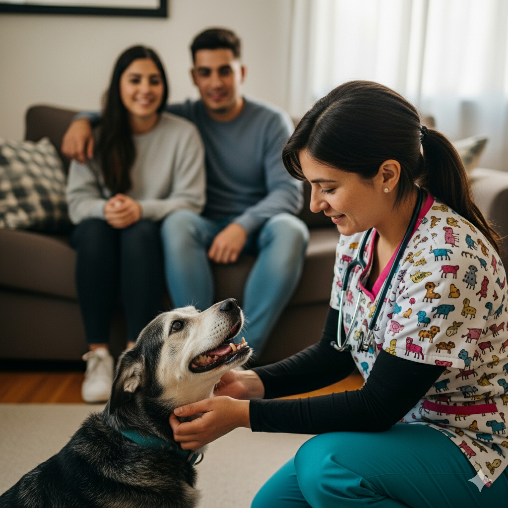 Consulta de etología presencial a domicilio en Temuco - Dra. María-José Barría evaluando comportamiento de perro con familia